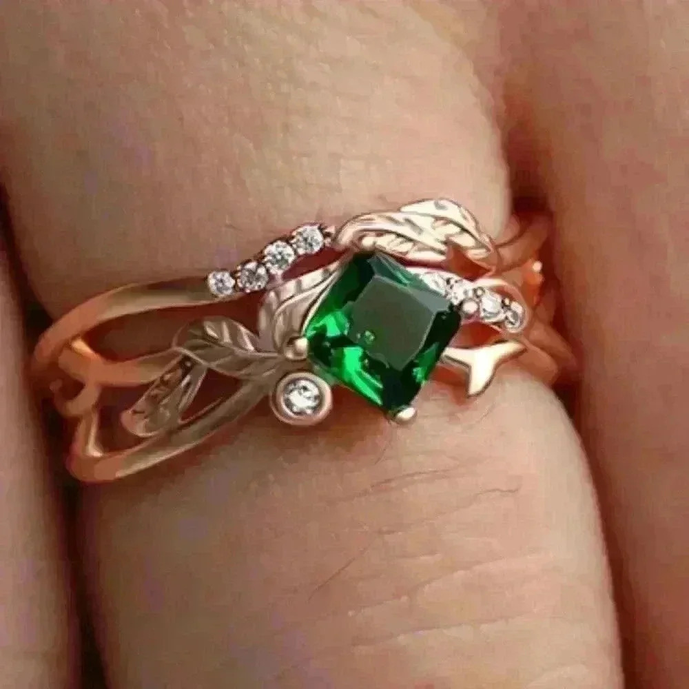 🍁 Emerald Green Stone Ring Rose Gold Plated Anelli Ring, GPMB1499